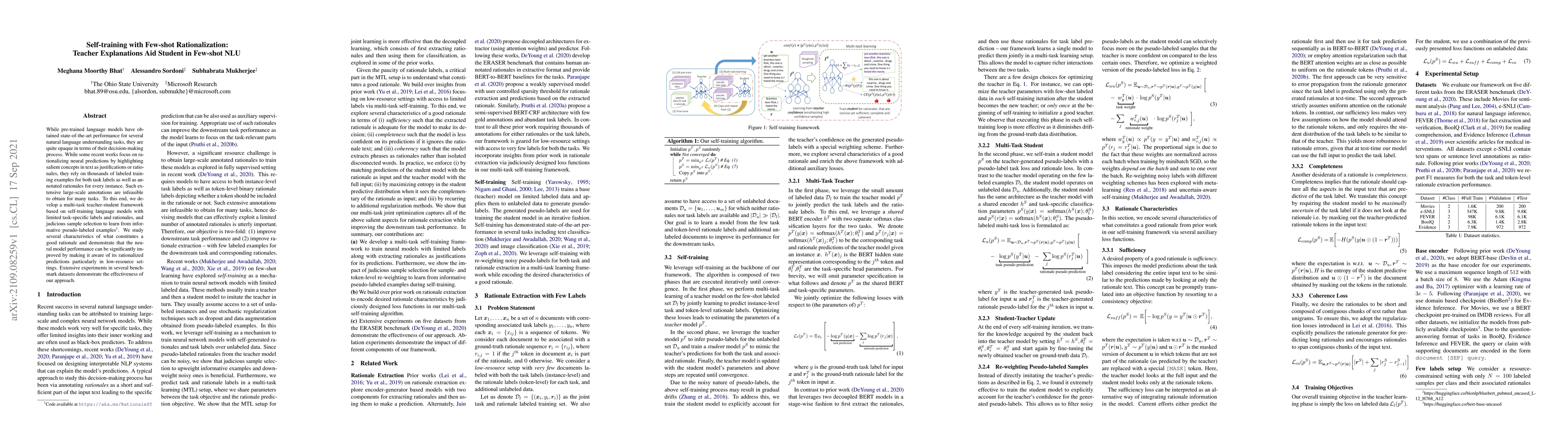 Thumbnail for Self-training with Few-shot Rationalization: Teacher Explanations Aid
  Student in Few-shot NLU