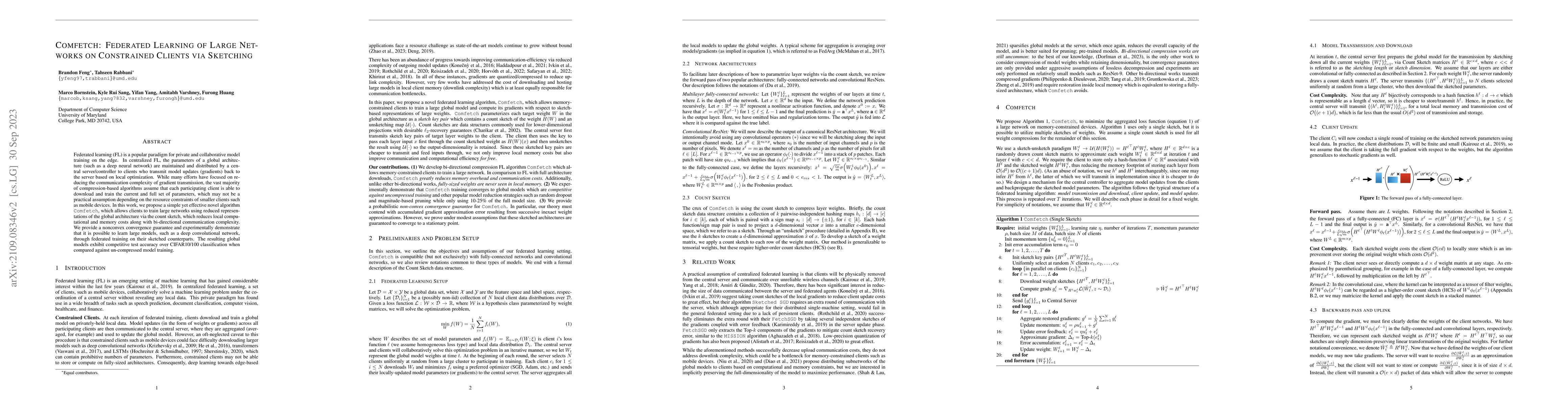 Thumbnail for Comfetch: Federated Learning of Large Networks on Constrained Clients
  via Sketching