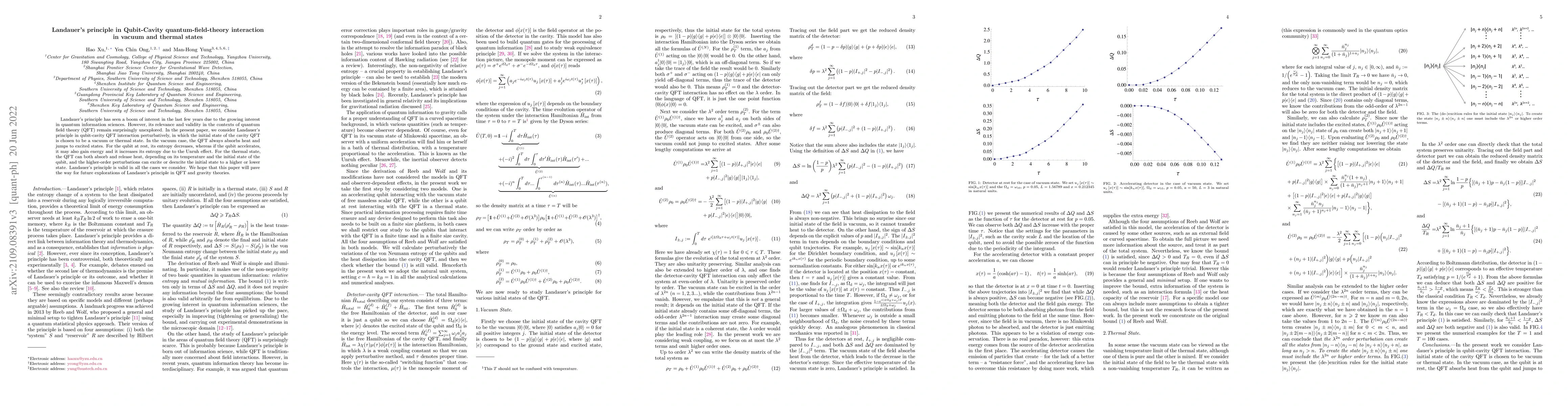Thumbnail for Landauer's principle in Qubit-Cavity quantum field theory Interaction in
  Vacuum and Thermal States