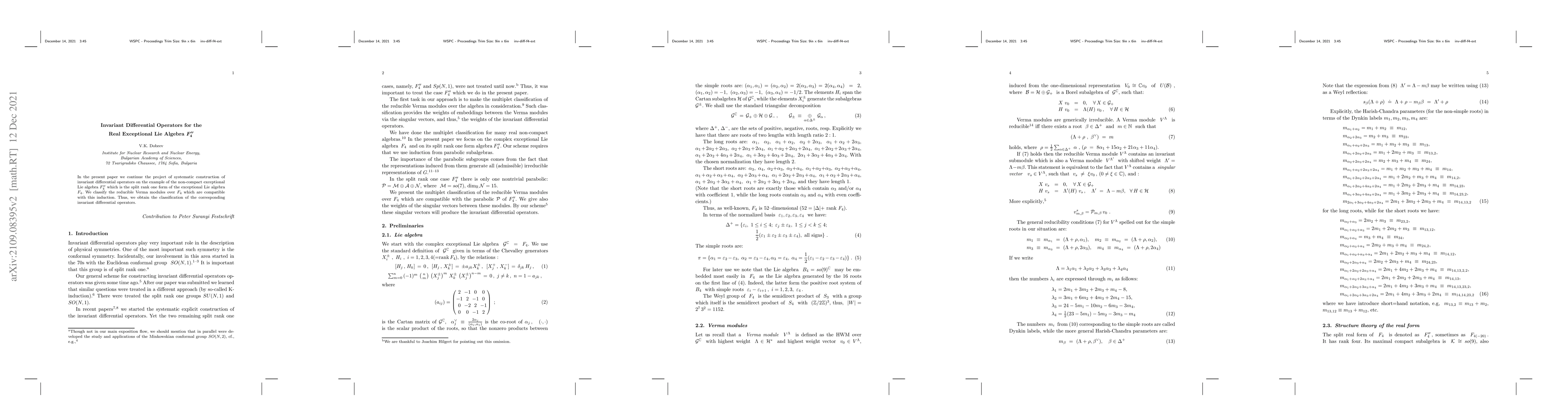 Thumbnail for Invariant Differential Operators for the Real Exceptional Lie Algebra
  $F"_4$