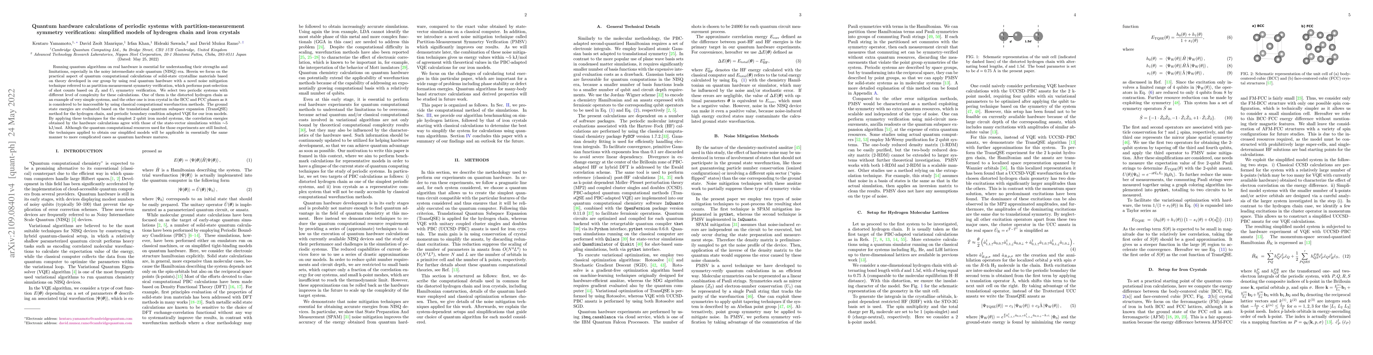 Thumbnail for Quantum hardware calculations of periodic systems with
  partition-measurement symmetry verification: simplified models of hydrogen
  chain and iron crystals