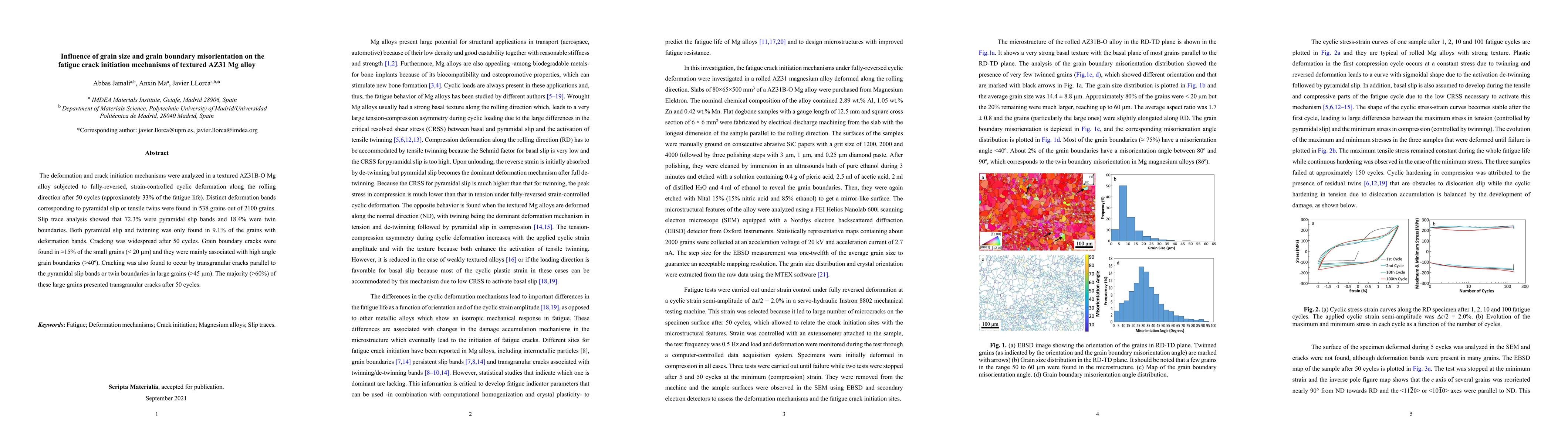 Thumbnail for Influence of grain size and grain boundary misorientation on the fatigue
  crack initiation mechanisms of textured AZ31 Mg alloy