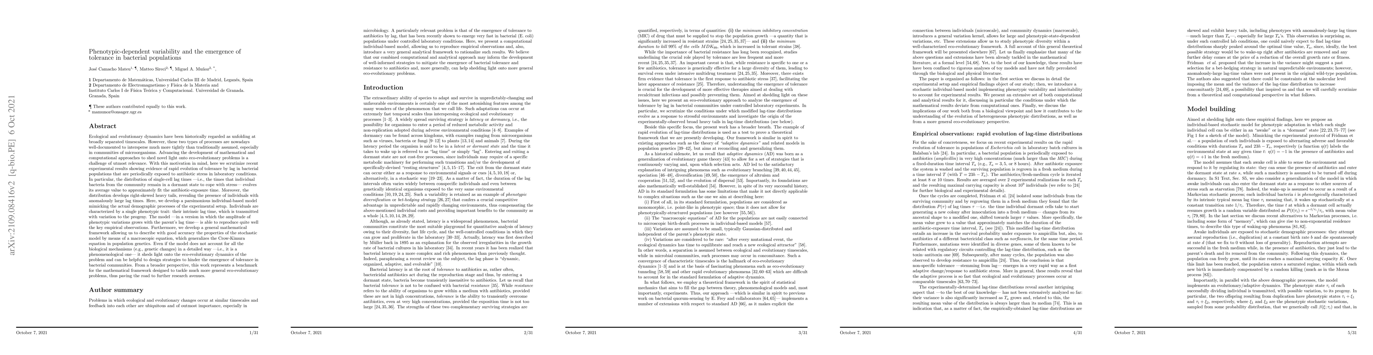 Thumbnail for Phenotypic-dependent variability and the emergence of tolerance in
  bacterial populations