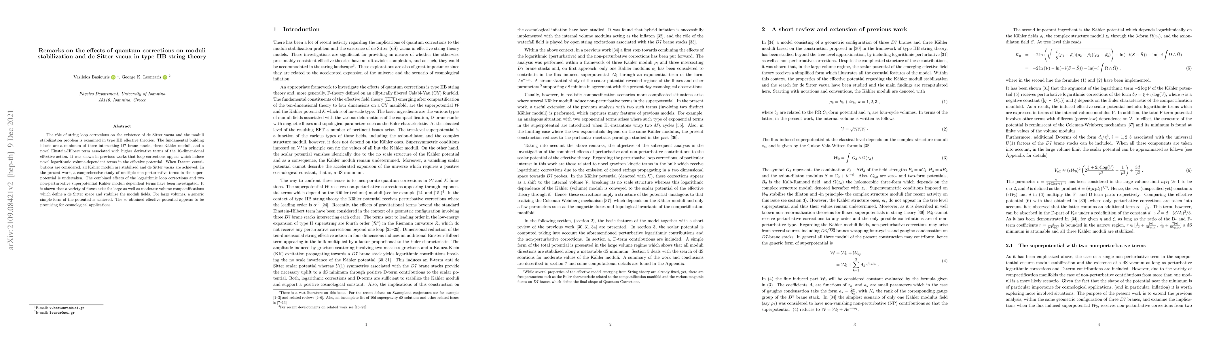 Thumbnail for Remarks on the effects of quantum corrections on moduli stabilization
  and de Sitter vacua in type IIB string theory