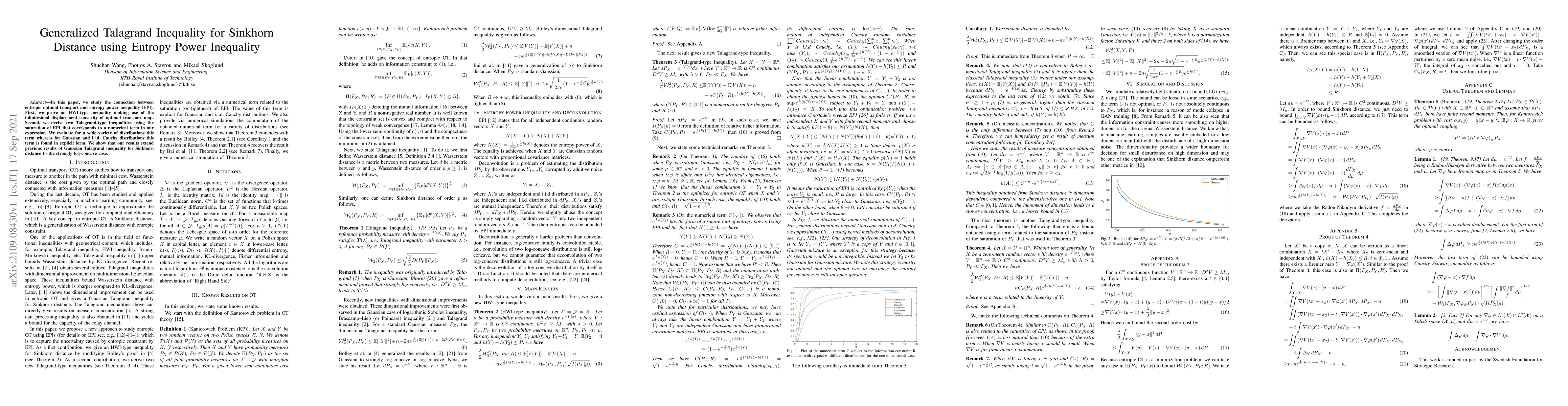 Thumbnail for Generalized Talagrand Inequality for Sinkhorn Distance using Entropy
  Power Inequality