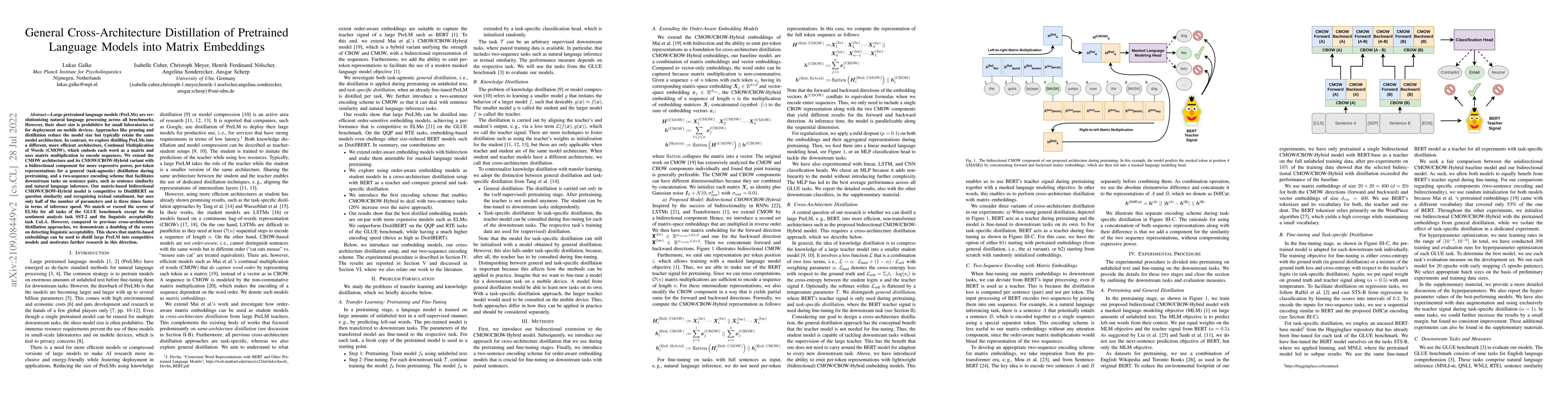 Thumbnail for General Cross-Architecture Distillation of Pretrained Language Models
  into Matrix Embeddings