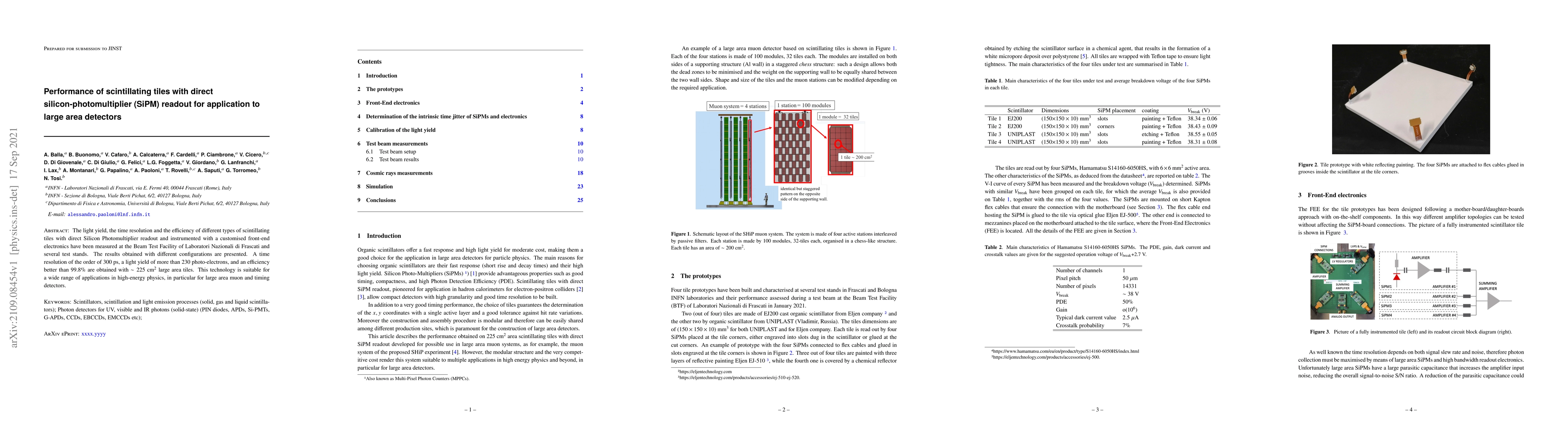 Thumbnail for Performance of scintillating tiles with direct silicon-photomultiplier
  (SiPM) readout for application to large area detectors