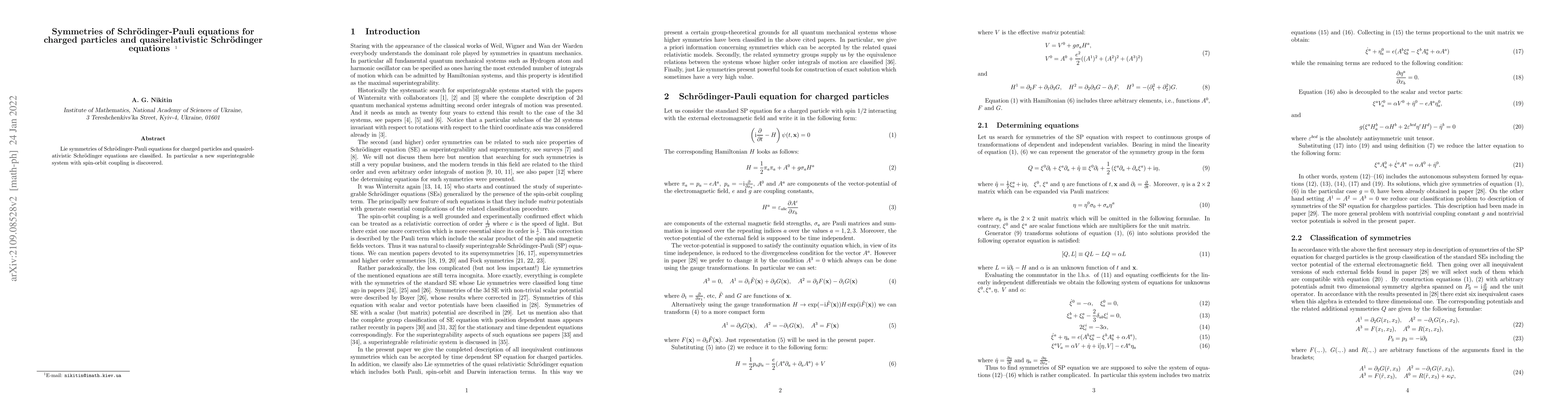 Thumbnail for Symmetries of the Schroedinger-Pauli equations for charged particles and
  quasirelativistic Schroedinger equations