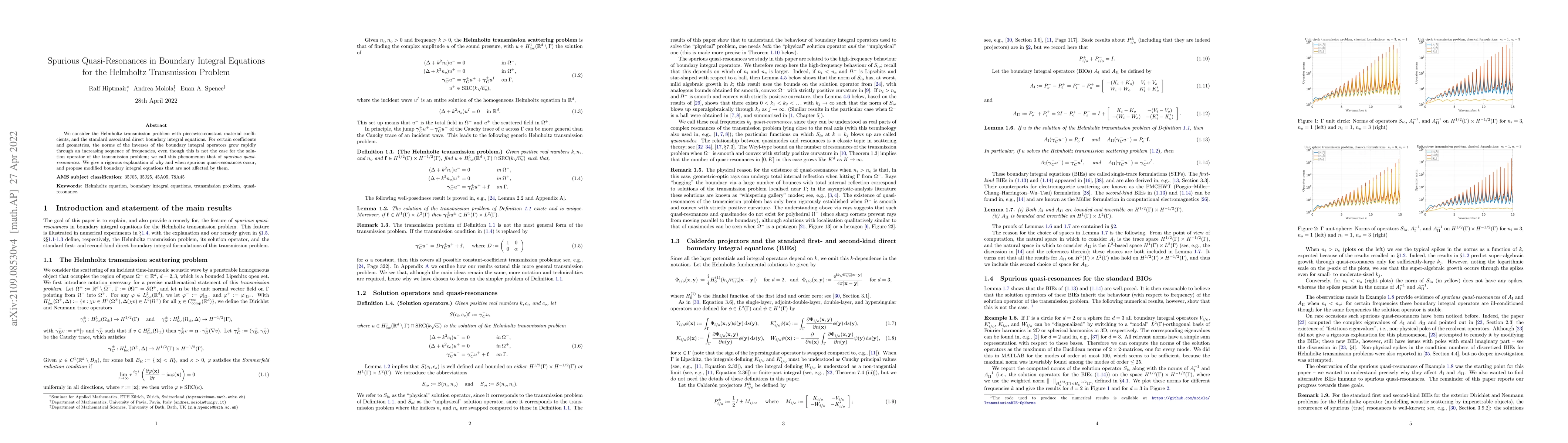 Thumbnail for Spurious Quasi-Resonances in Boundary Integral Equations for the
  Helmholtz Transmission Problem