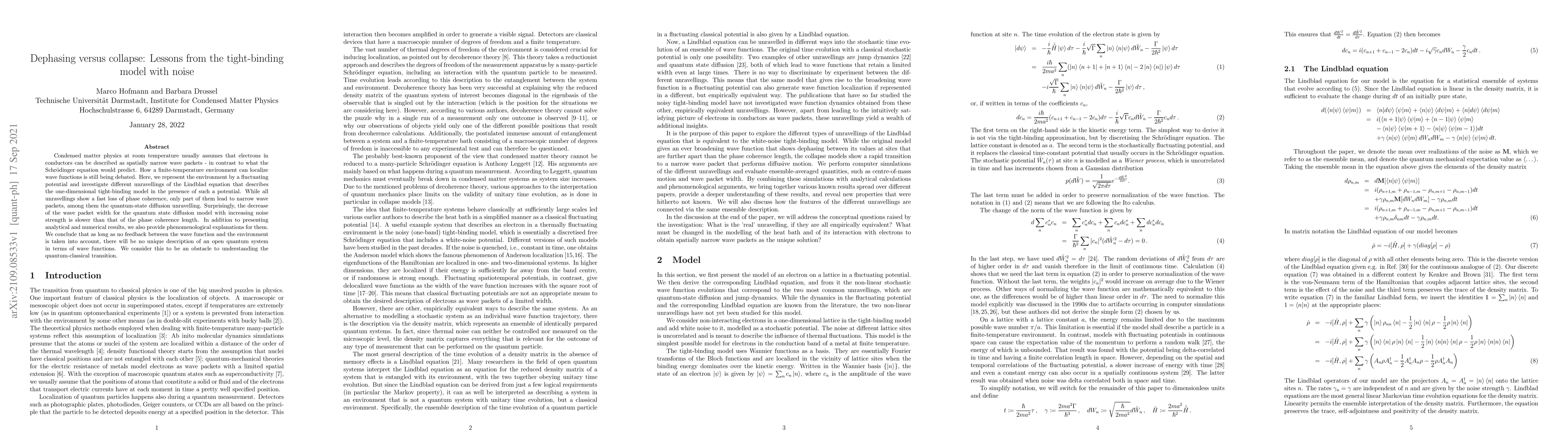 Thumbnail for Dephasing versus collapse: Lessons from the tight-binding model with
  noise