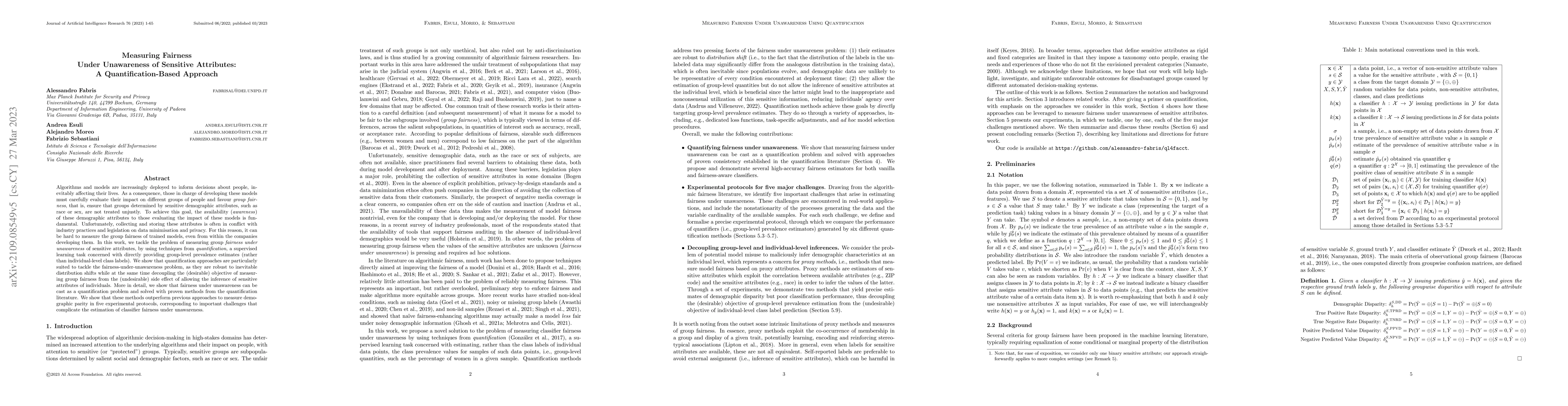 Thumbnail for Measuring Fairness Under Unawareness of Sensitive Attributes: A
  Quantification-Based Approach
