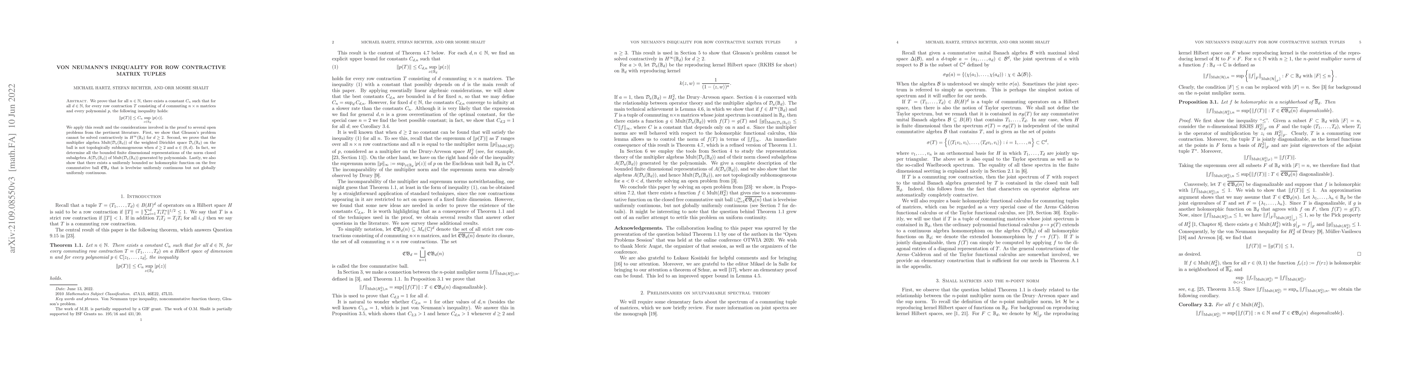 Thumbnail for von Neumann's inequality for row contractive matrix tuples