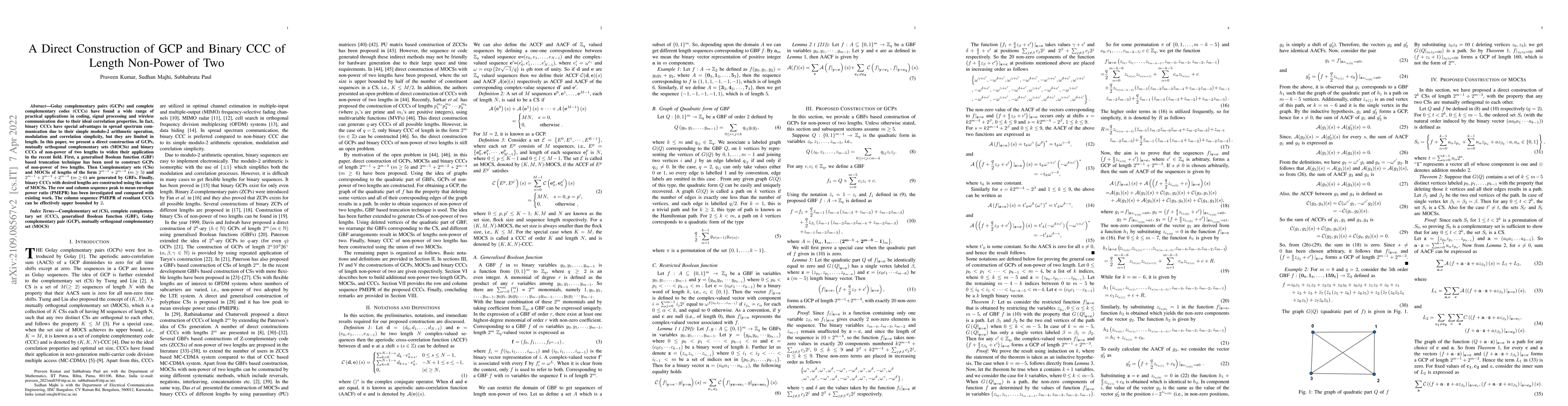 Thumbnail for A Direct Construction of GCP and Binary CCC of Length Non Power of Two