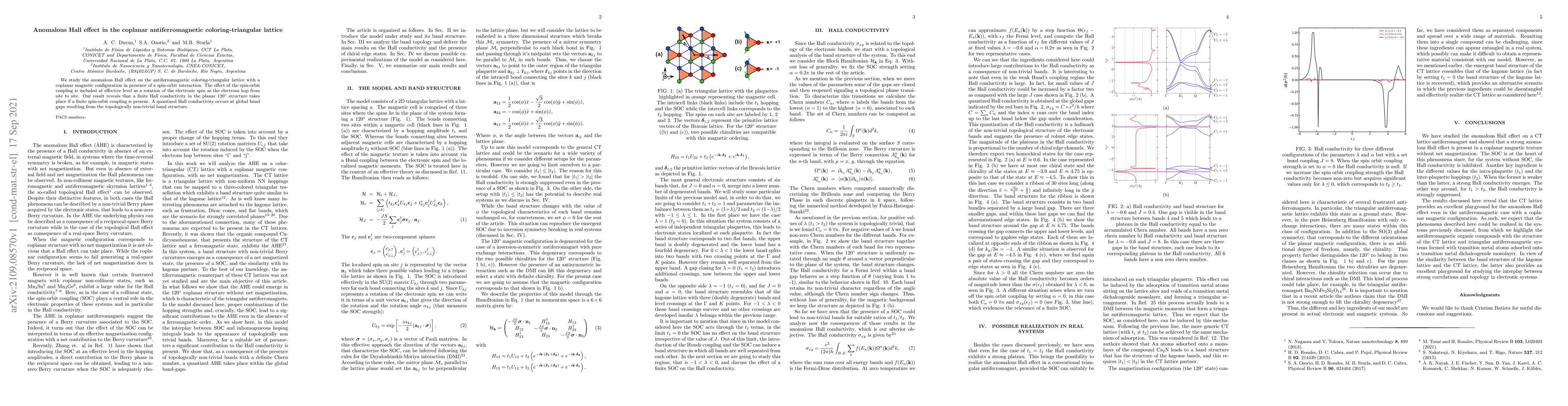 Thumbnail for Anomalous Hall effect in the coplanar antiferromagnetic
  coloring-triangular lattice