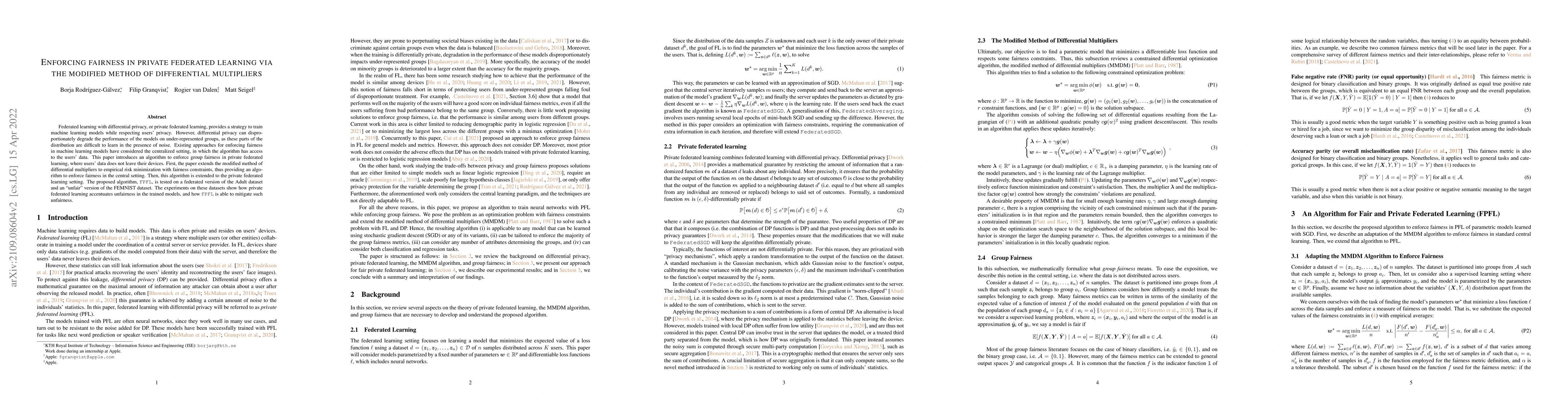 Thumbnail for Enforcing fairness in private federated learning via the modified method
  of differential multipliers