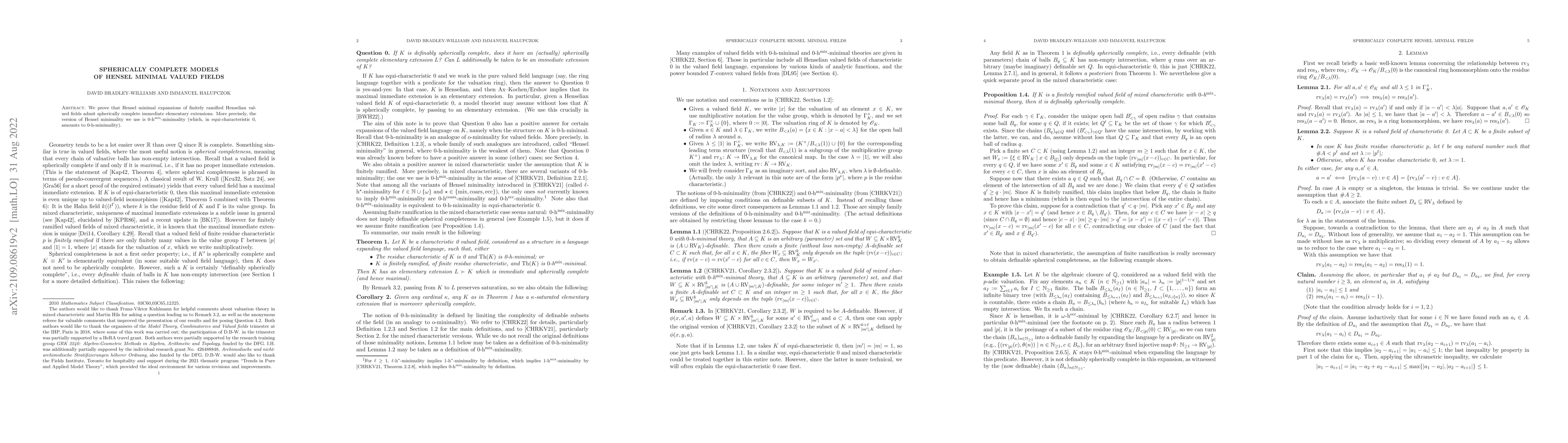 Thumbnail for Spherically complete models of Hensel minimal valued fields
