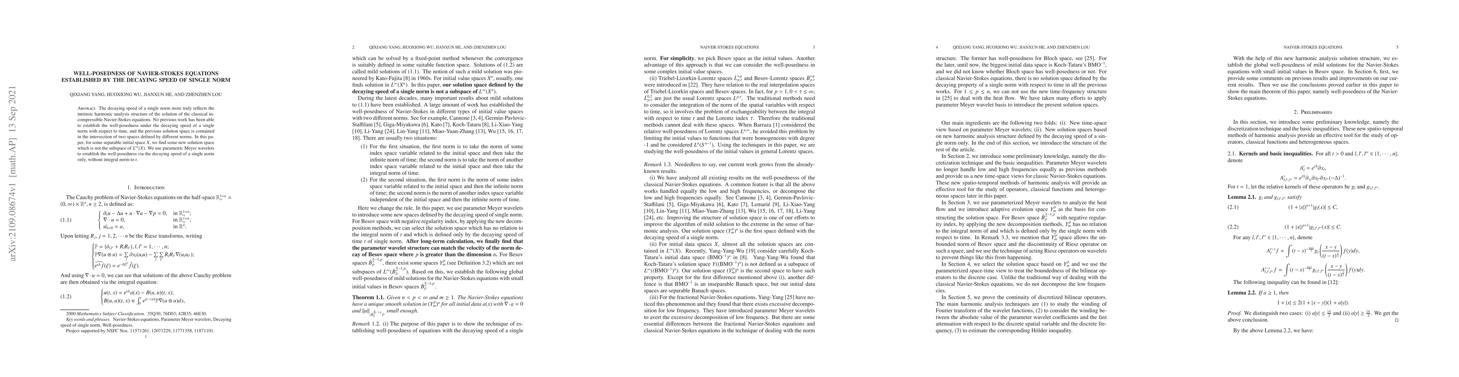 Thumbnail for Well-posedness of Navier-Stokes equations established by the decaying
  speed of single norm