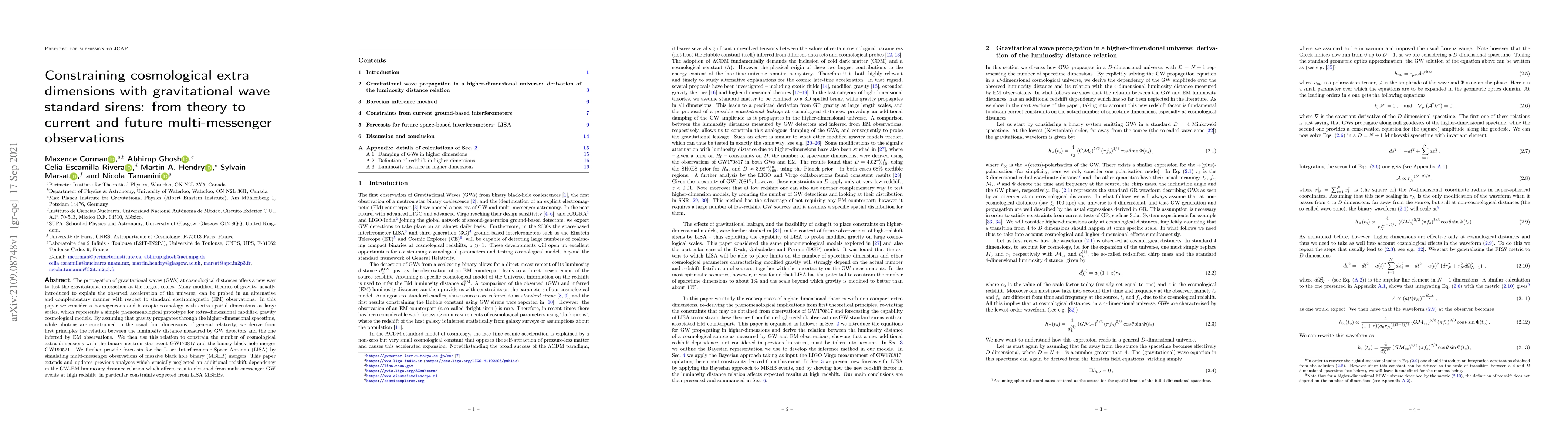Thumbnail for Constraining cosmological extra dimensions with gravitational wave
  standard sirens: from theory to current and future multi-messenger
  observations