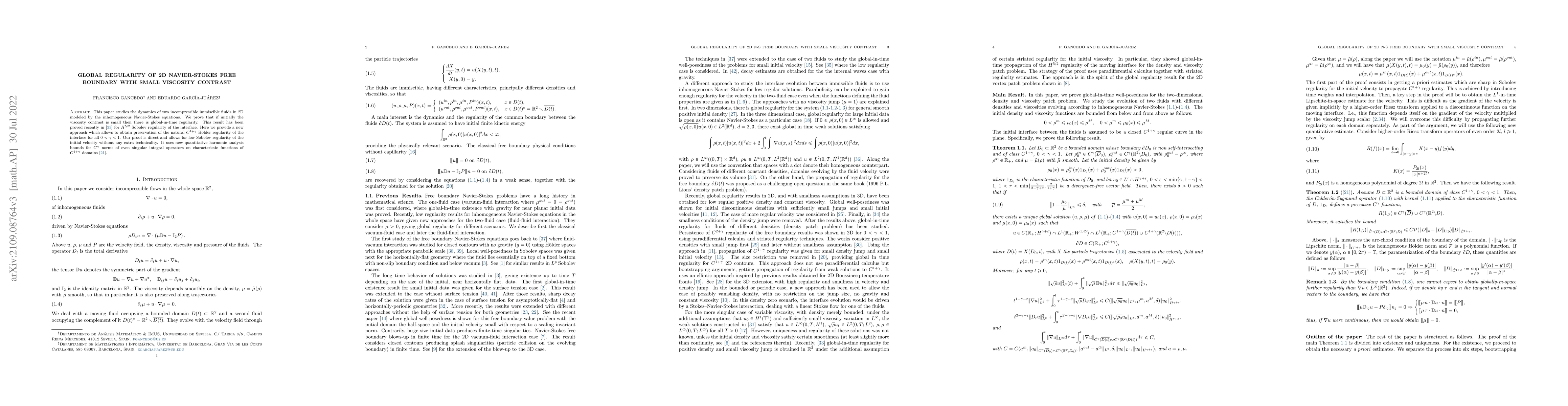 Thumbnail for Global Regularity of 2D Navier-Stokes Free Boundary with Small Viscosity
  Contrast