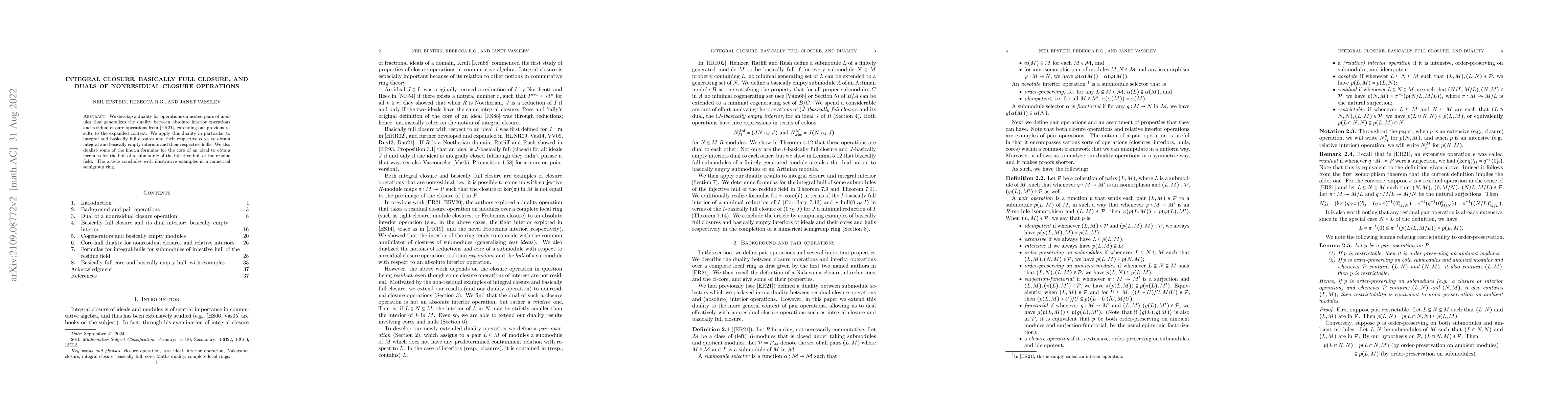 Thumbnail for Integral closure, basically full closure, and duals of nonresidual
  closure operations