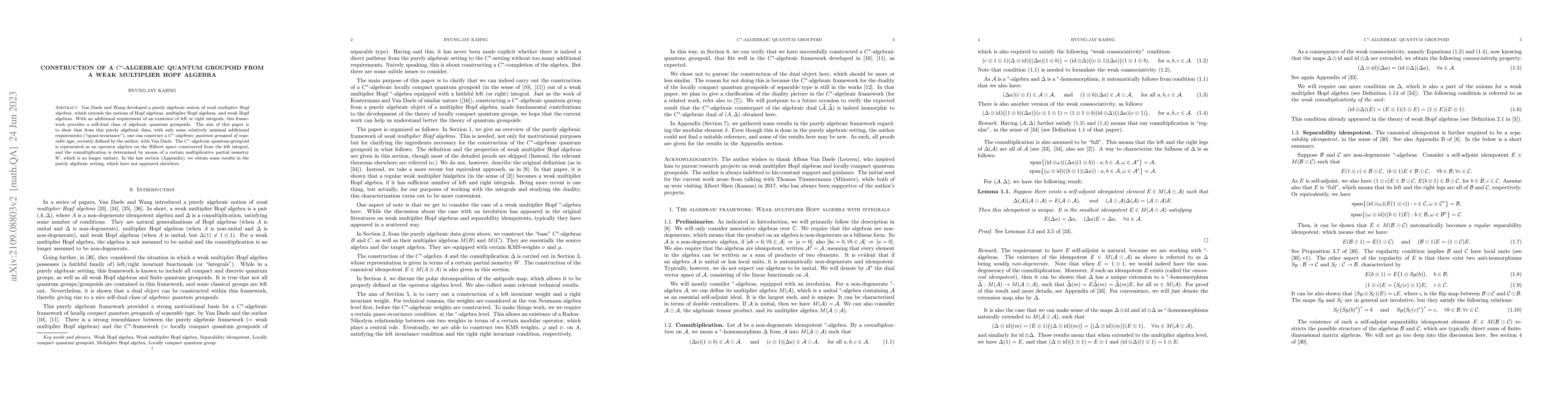 Thumbnail for Construction of a $C^*$-algebraic quantum groupoid from a weak
  multiplier Hopf algebra