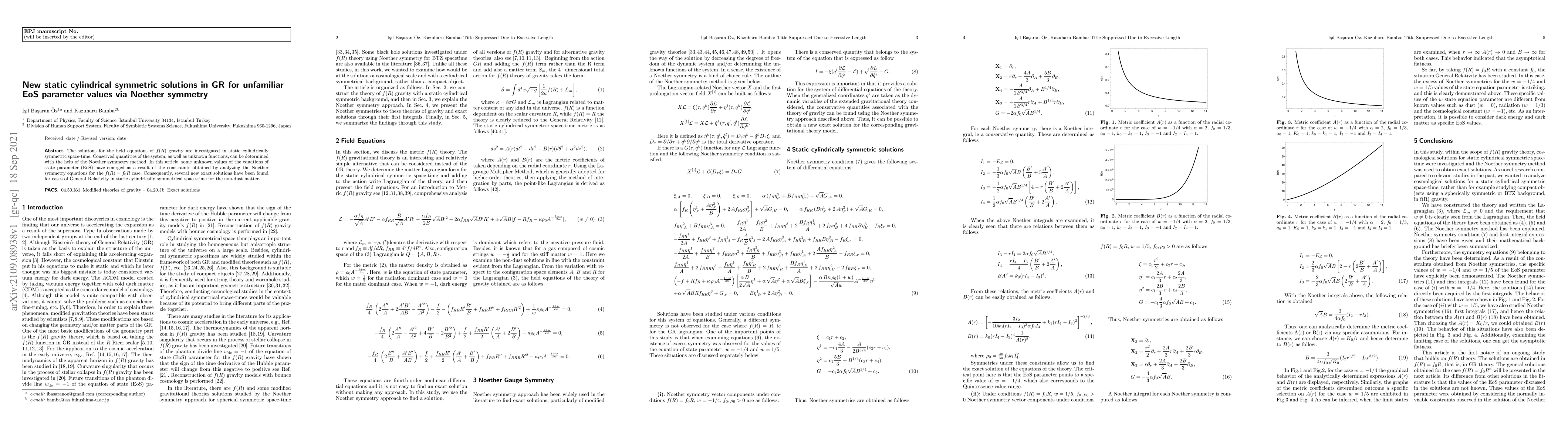 Thumbnail for New static cylindrical symmetric solutions in GR for unfamiliar EoS
  parameter values via Noether symmetry