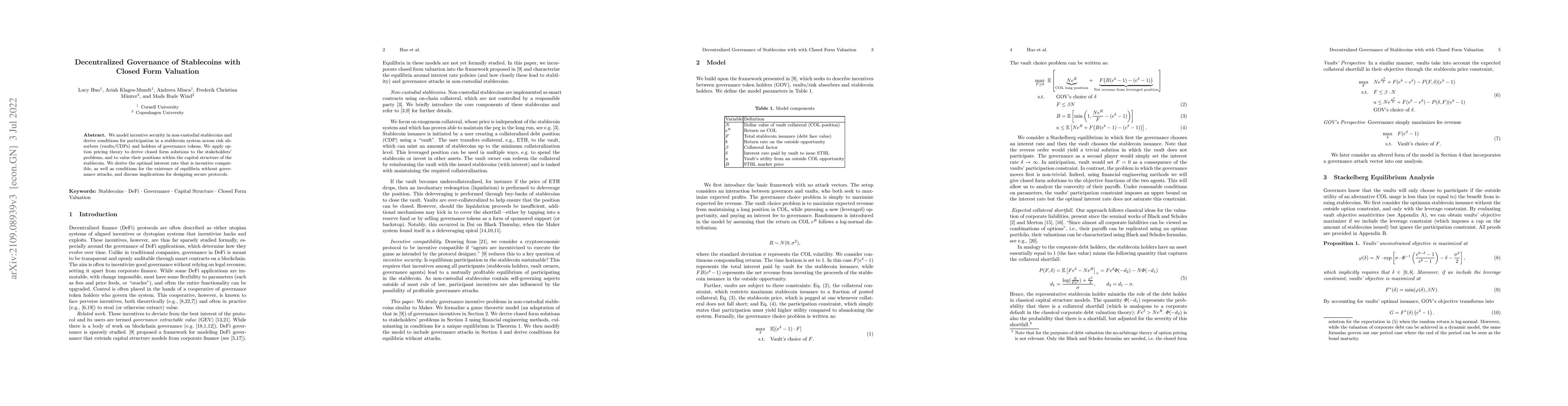 Thumbnail for Decentralized Governance of Stablecoins with Closed Form Valuation
