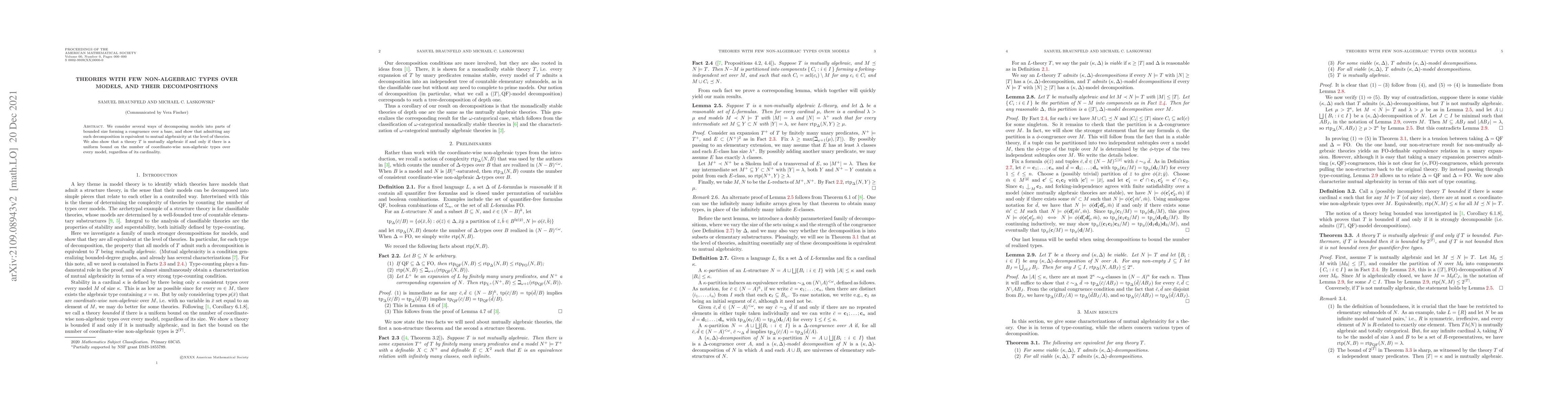 Thumbnail for Theories with few non-algebraic types over models, and their
  decompositions