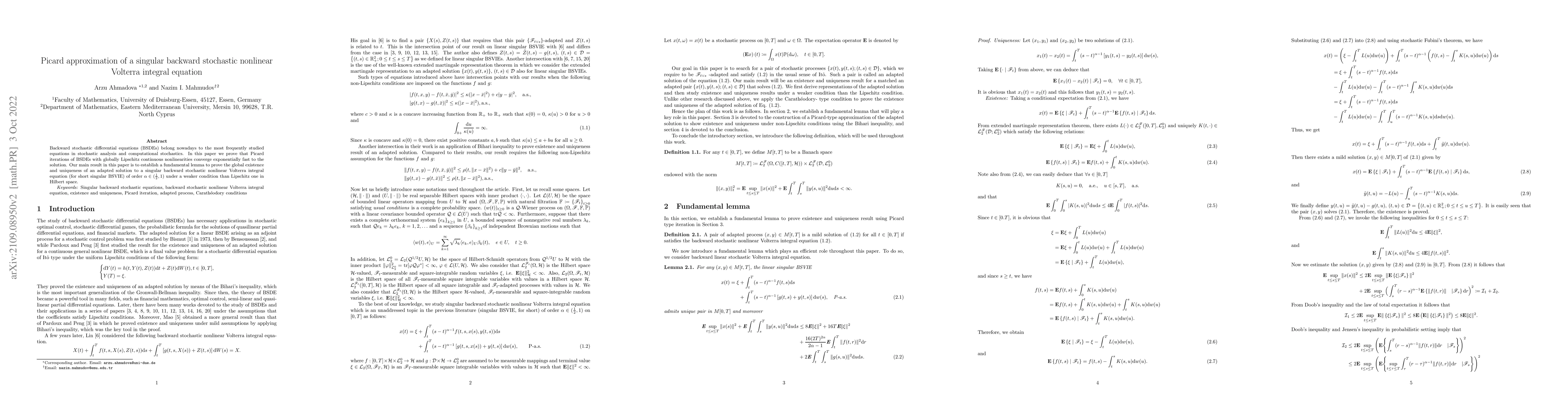 Thumbnail for Picard approximation of a singular backward stochastic nonlinear
  Volterra integral equation
