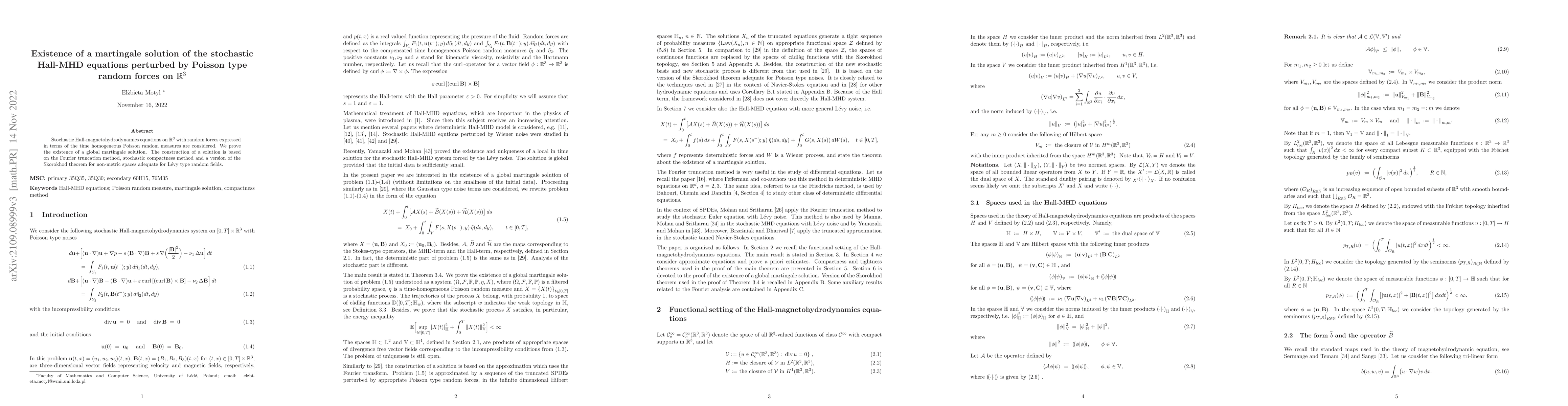 Thumbnail for Existence of a martingale solution of the stochastic Hall-MHD equations
  perturbed by Poisson type random forces on ${\mathbb{R}}^{3}$
