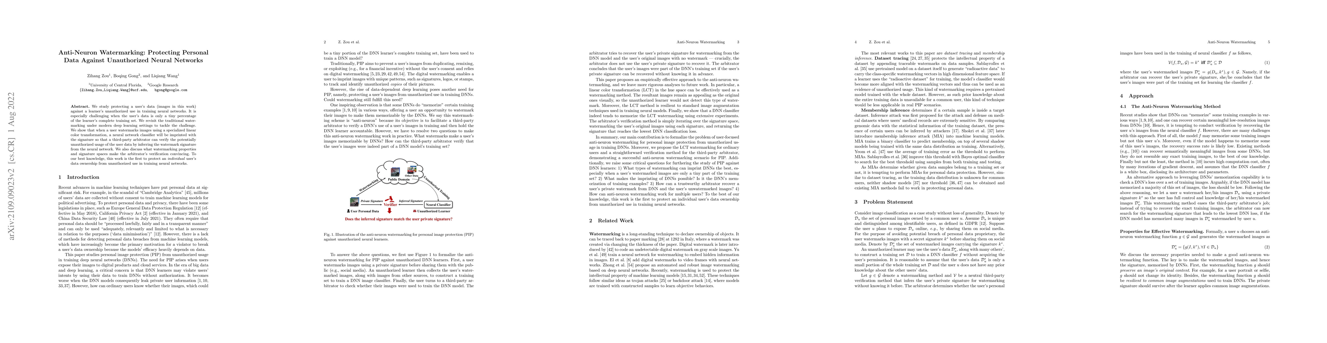 Thumbnail for Anti-Neuron Watermarking: Protecting Personal Data Against Unauthorized
  Neural Networks