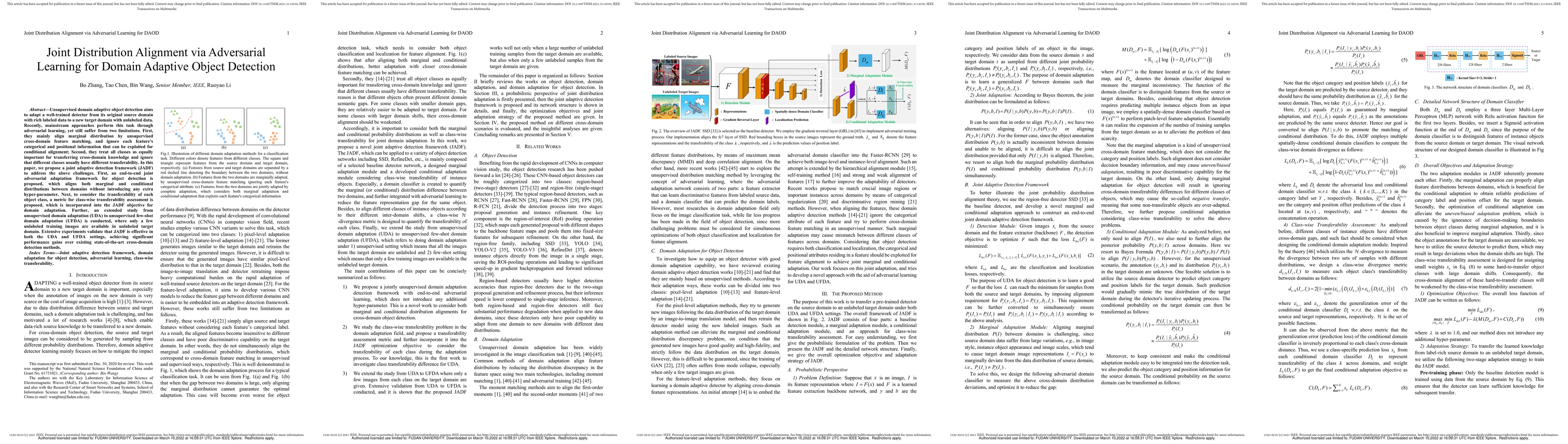 Thumbnail for Joint Distribution Alignment via Adversarial Learning for Domain
  Adaptive Object Detection