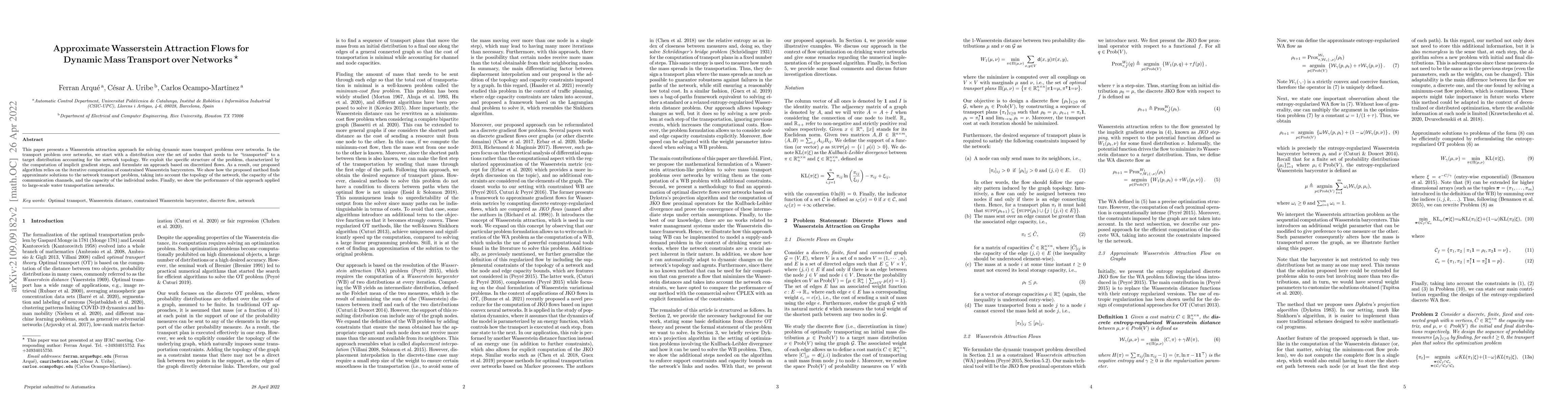 Thumbnail for Approximate Wasserstein Attraction Flows for Dynamic Mass Transport over
  Networks