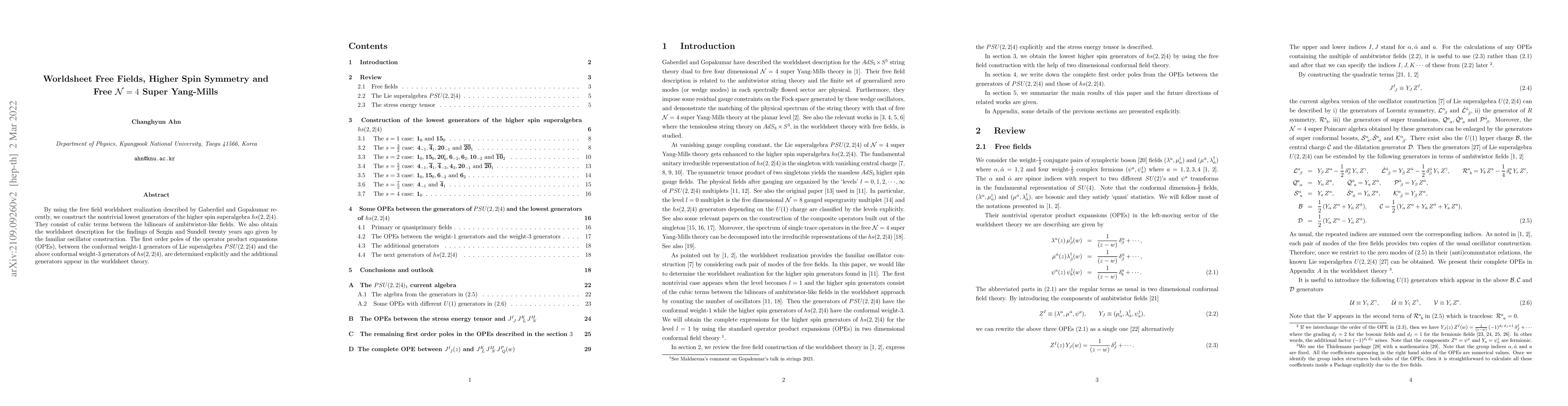 Thumbnail for Worldsheet Free Fields, Higher Spin Symmetry and Free ${\cal N}=4$ Super
  Yang-Mills