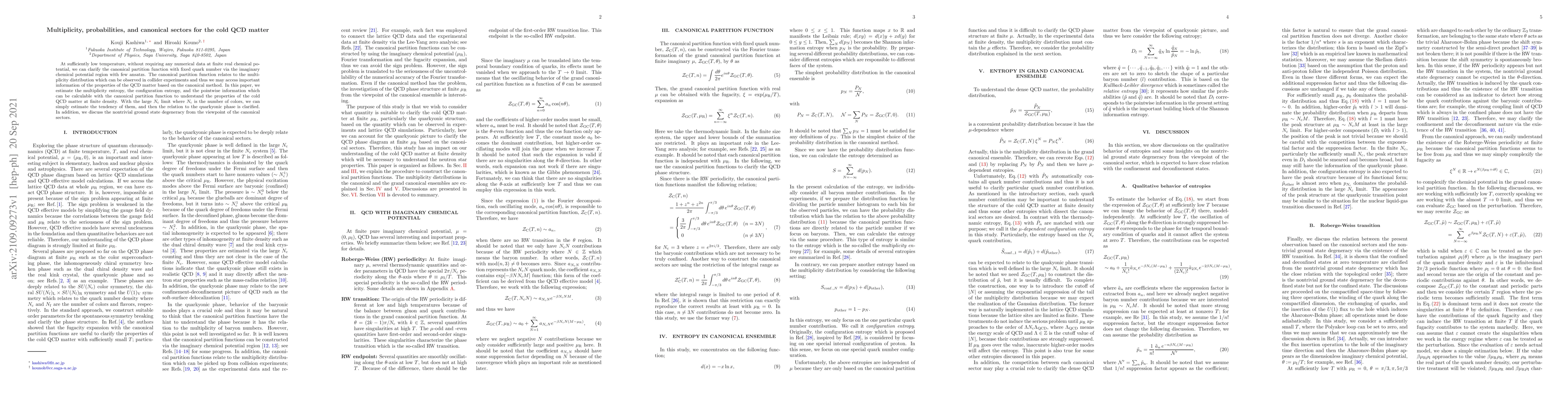 Thumbnail for Multiplicity, probabilities, and canonical sectors for the cold QCD
  matter