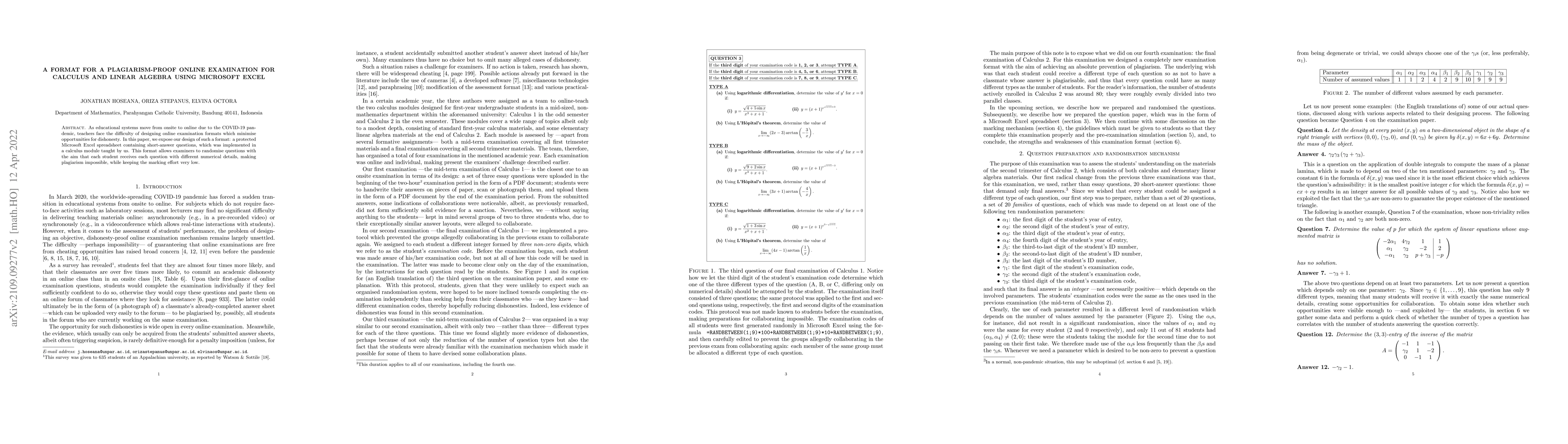 Thumbnail for A Format for a Plagiarism-Proof Online Examination for Calculus and
  Linear Algebra Using Microsoft Excel