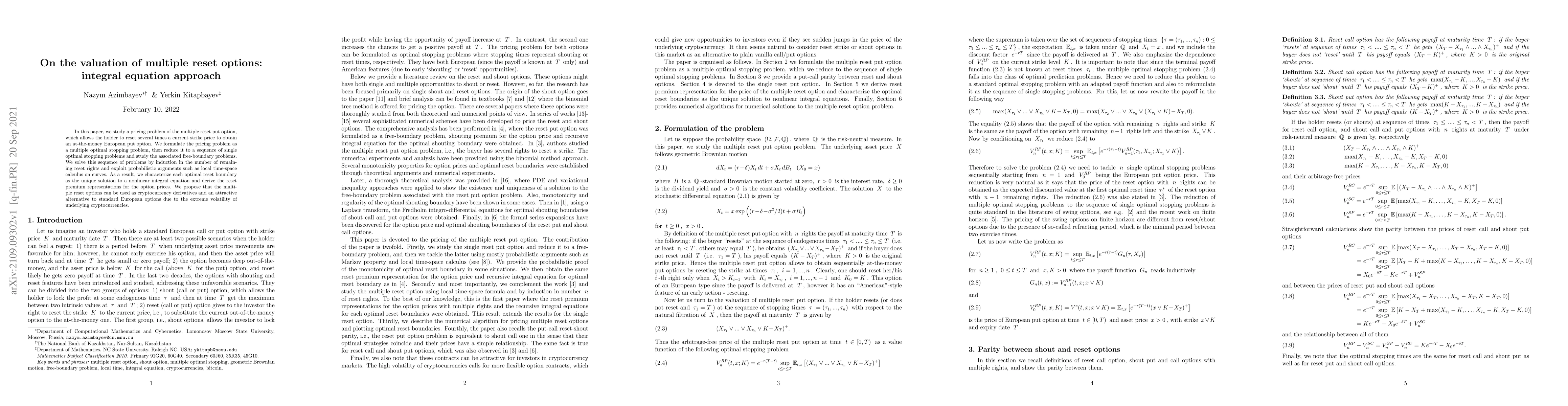 Thumbnail for On the valuation of multiple reset options: integral equation approach