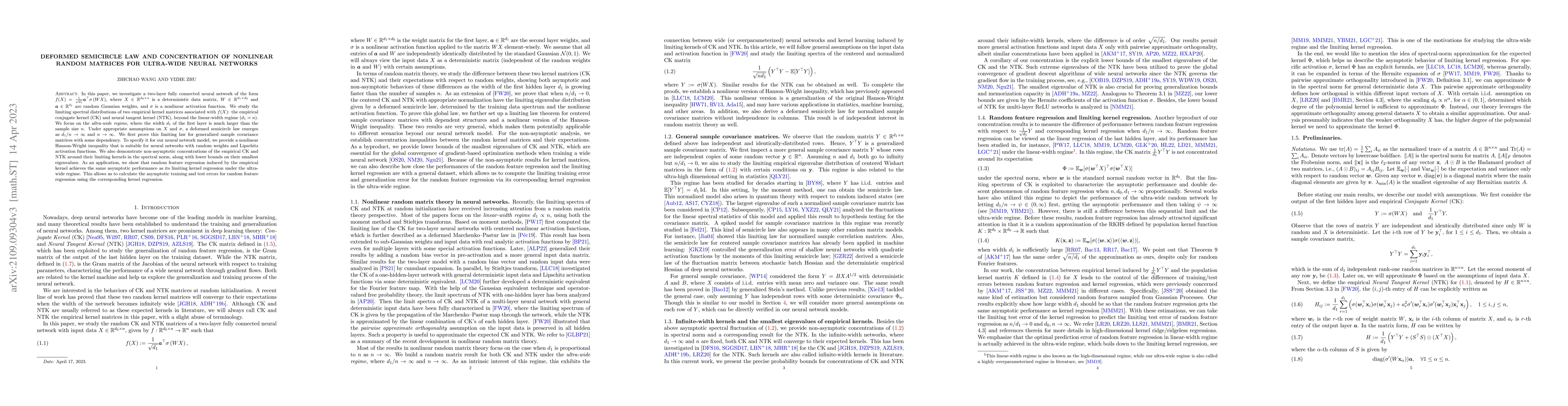 Thumbnail for Deformed semicircle law and concentration of nonlinear random matrices
  for ultra-wide neural networks
