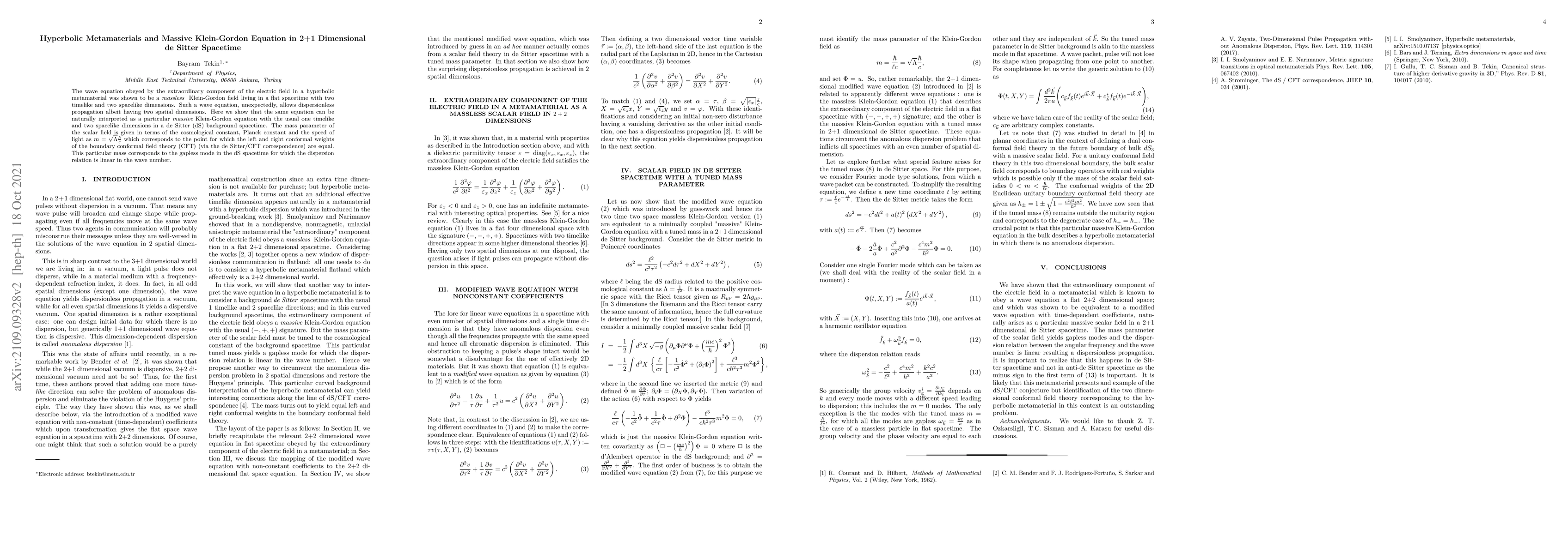 Thumbnail for Hyperbolic Metamaterials and Massive Klein-Gordon Equation in 2+1
  Dimensional de Sitter Spacetime