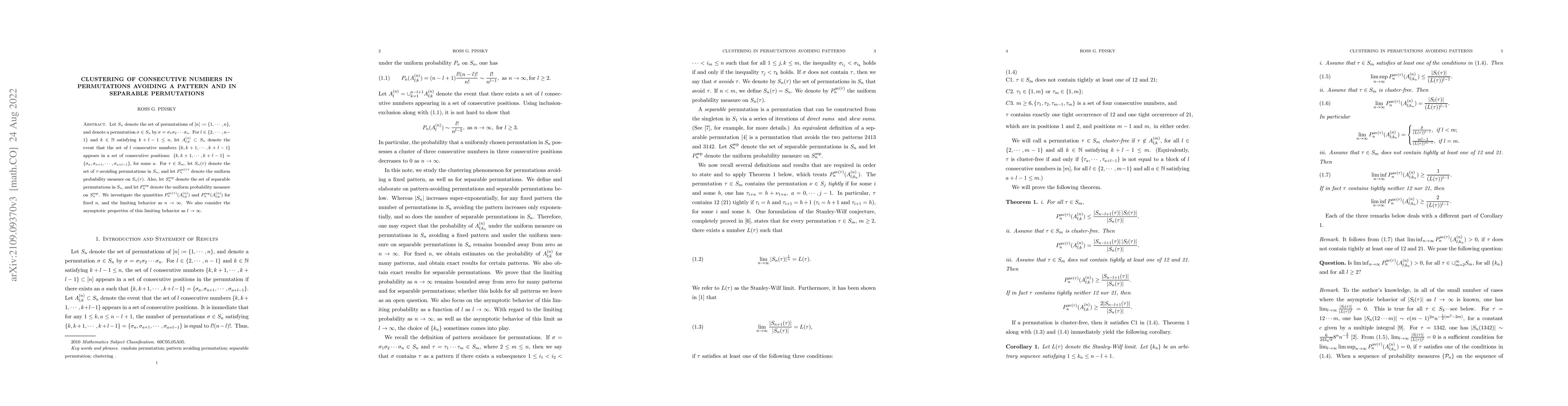 Thumbnail for Clustering of consecutive numbers in permutations avoiding a pattern and
  in separable permutations