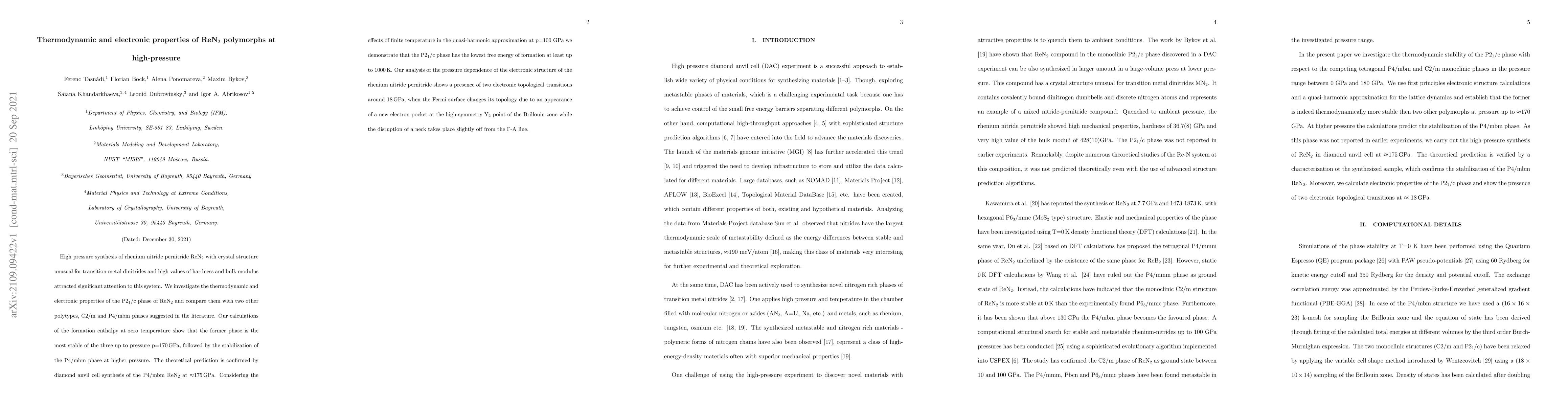 Thumbnail for Thermodynamic and electronic properties of ReN$_2$ polymorphs at
  high-pressure