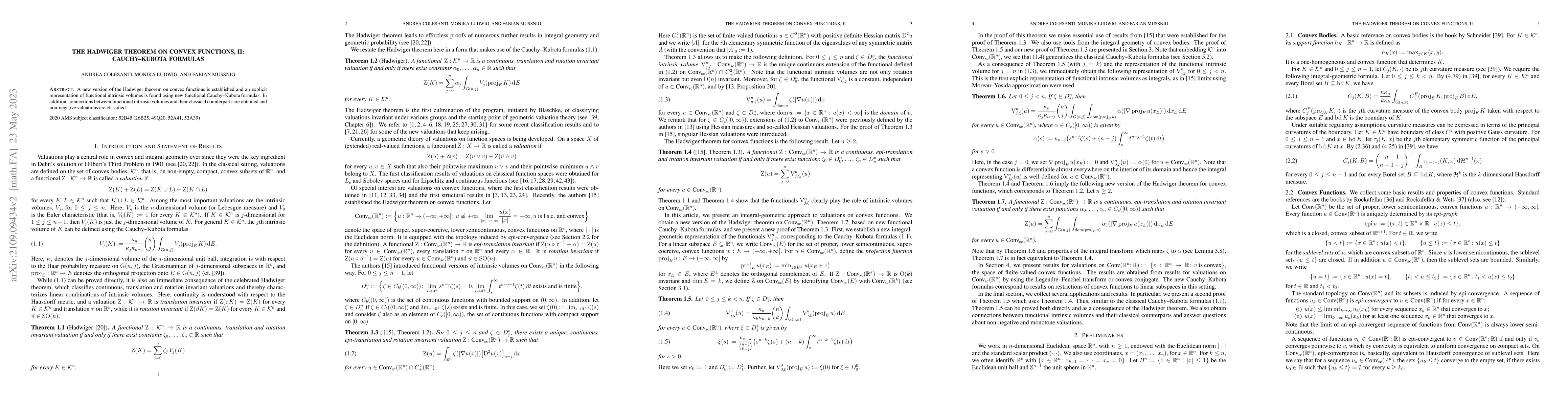 Thumbnail for The Hadwiger theorem on convex functions, II: Cauchy-Kubota formulas