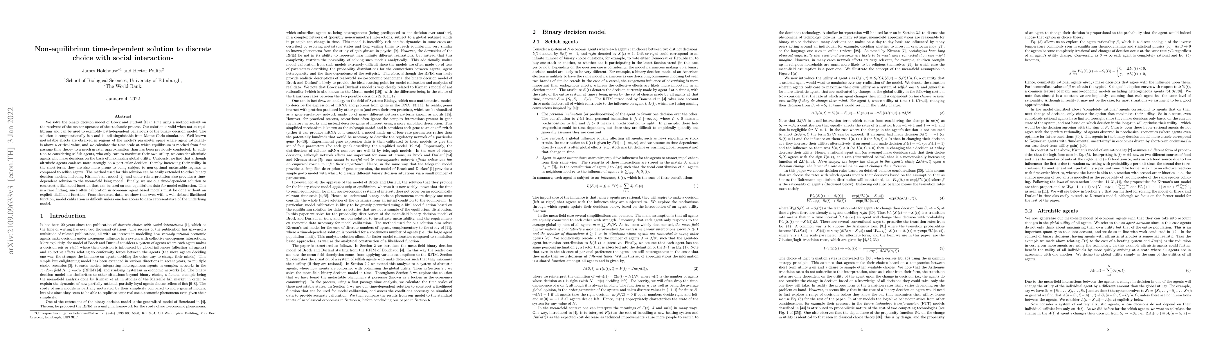 Thumbnail for Non-equilibrium time-dependent solution to discrete choice with social
  interactions