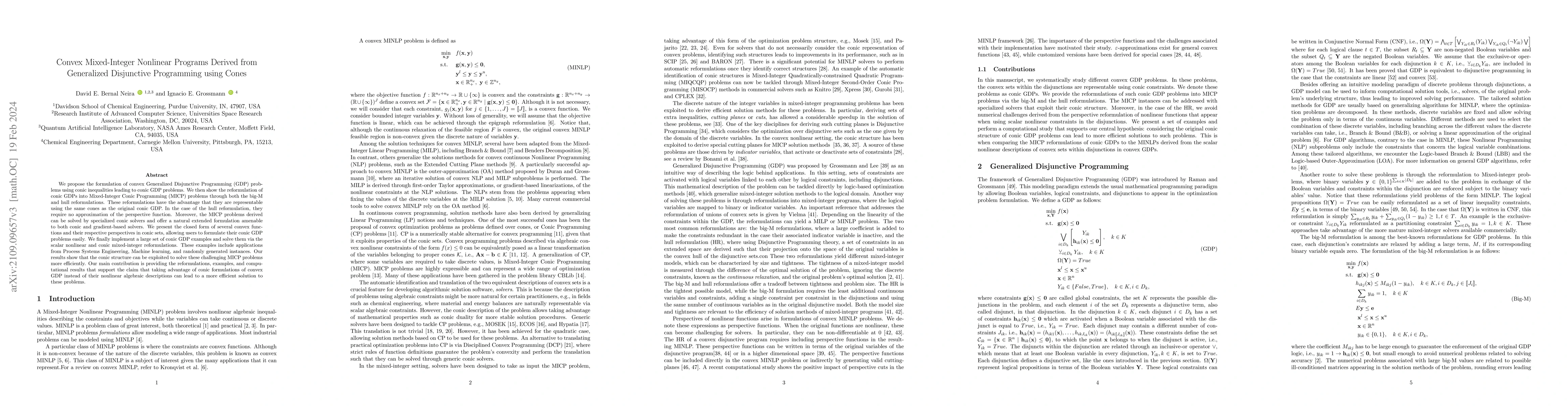 Thumbnail for Convex Mixed-Integer Nonlinear Programs Derived from Generalized
  Disjunctive Programming using Cones