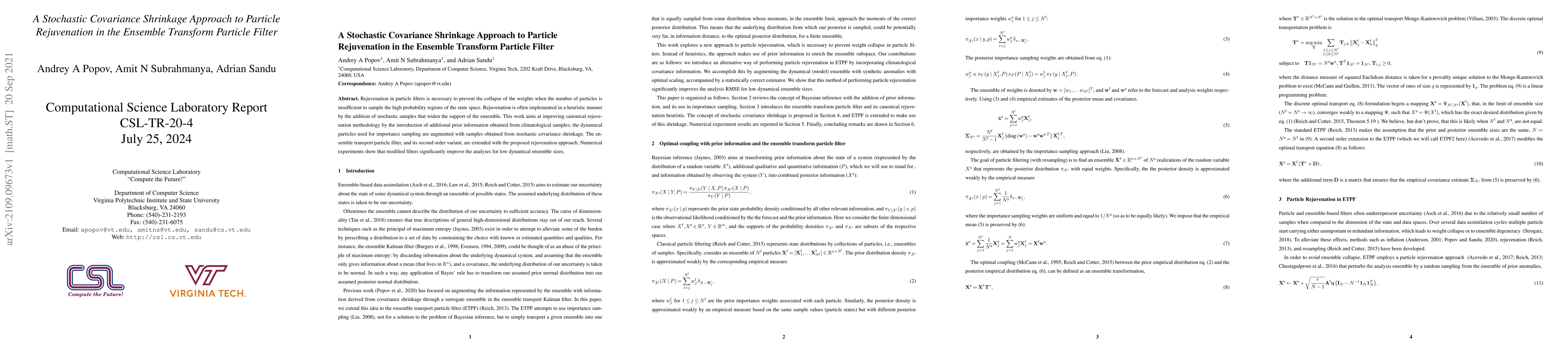 Thumbnail for A Stochastic Covariance Shrinkage Approach to Particle Rejuvenation in
  the Ensemble Transform Particle Filter