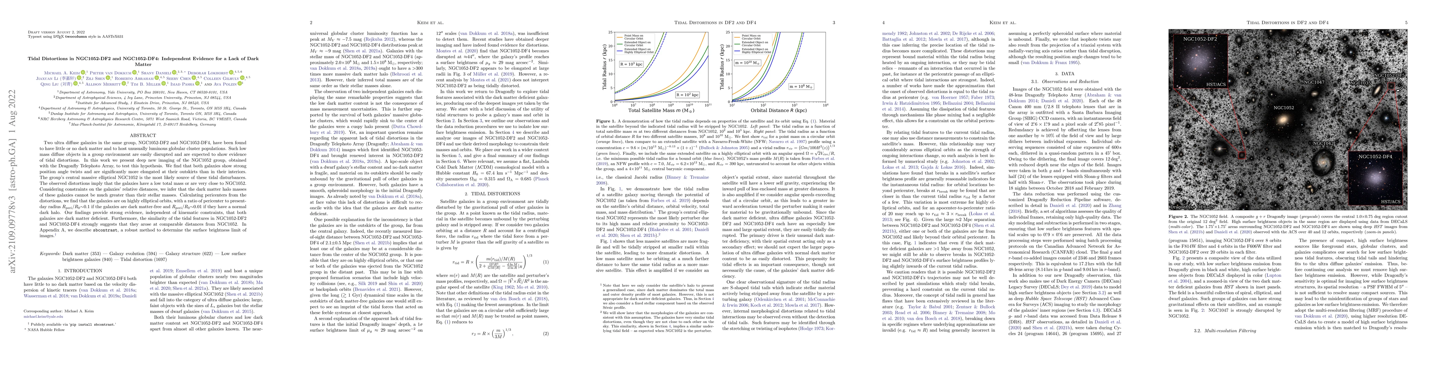 Thumbnail for Tidal Distortions in NGC1052-DF2 and NGC1052-DF4: Independent Evidence
  for a Lack of Dark Matter