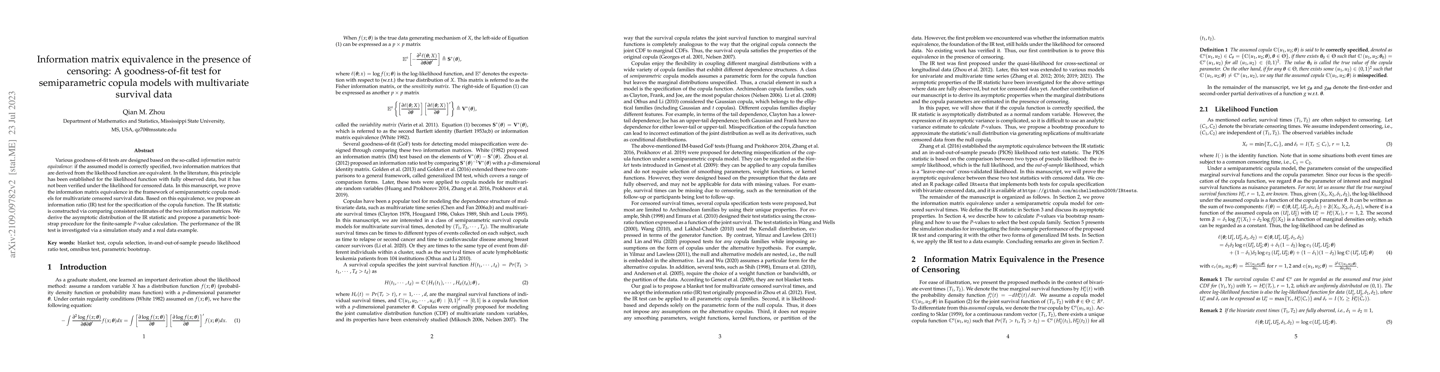 Thumbnail for Information matrix equivalence in the presence of censoring: A
  goodness-of-fit test for semiparametric copula models with multivariate
  survival data