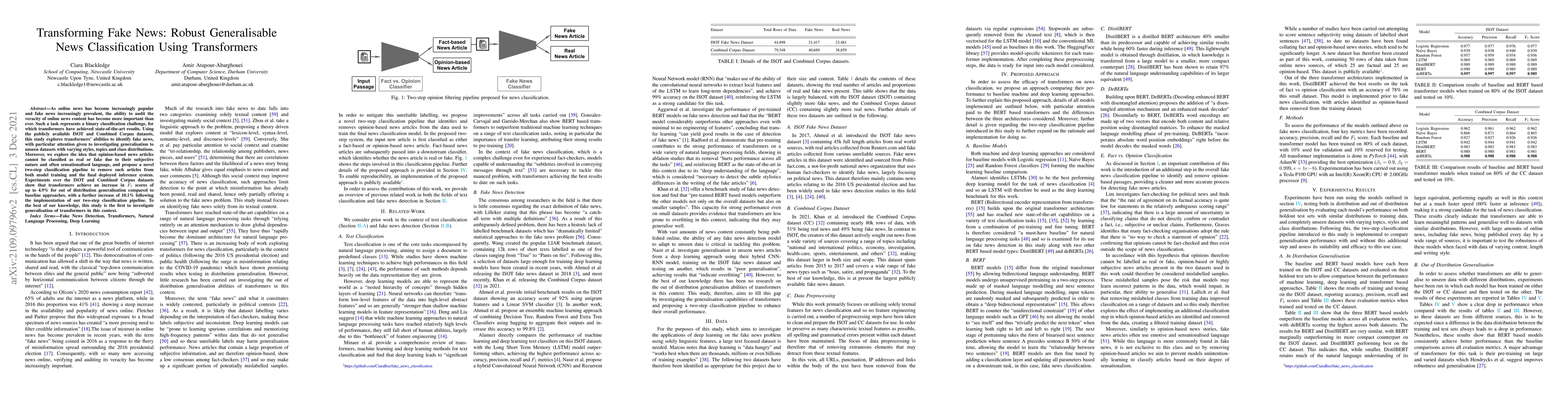 Thumbnail for Transforming Fake News: Robust Generalisable News Classification Using
  Transformers