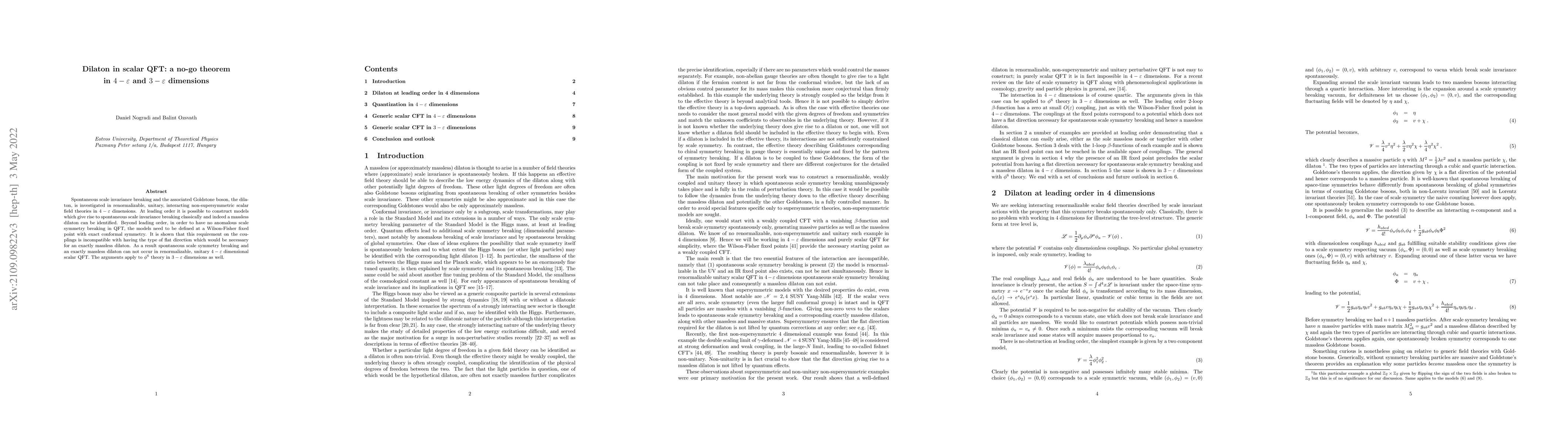 Thumbnail for Dilaton in scalar QFT: a no-go theorem in $4-\varepsilon$ and
  $3-\varepsilon$ dimensions