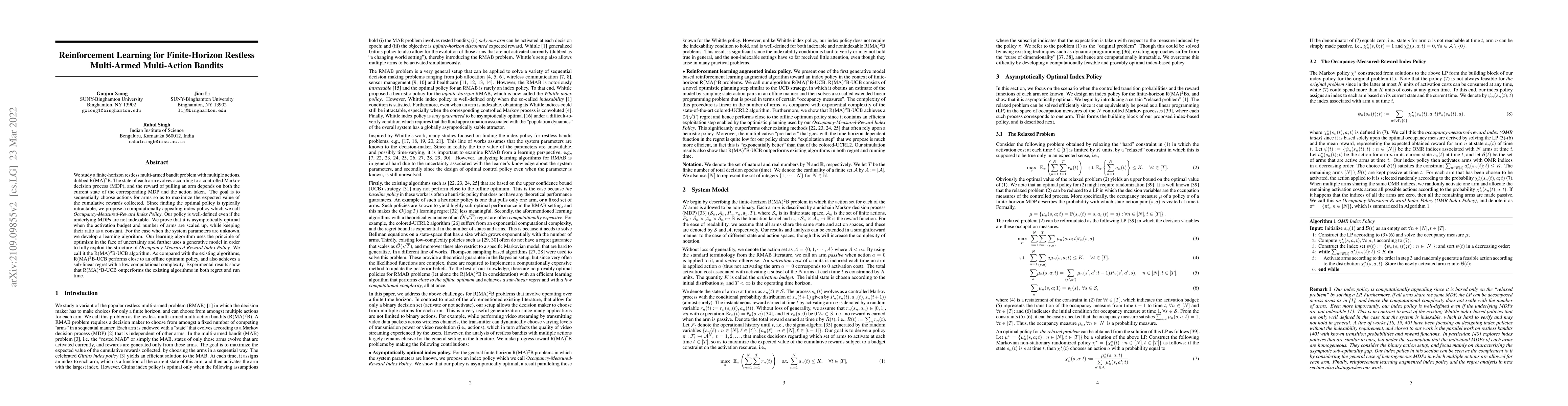 Thumbnail for Reinforcement Learning for Finite-Horizon Restless Multi-Armed
  Multi-Action Bandits